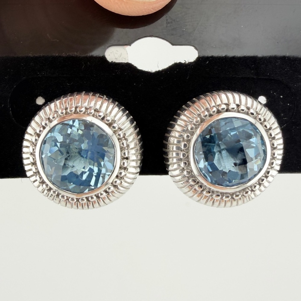 Judith Ripka Womens Sterling Silver Blue Topaz Fluted Omega Stud Earrings
